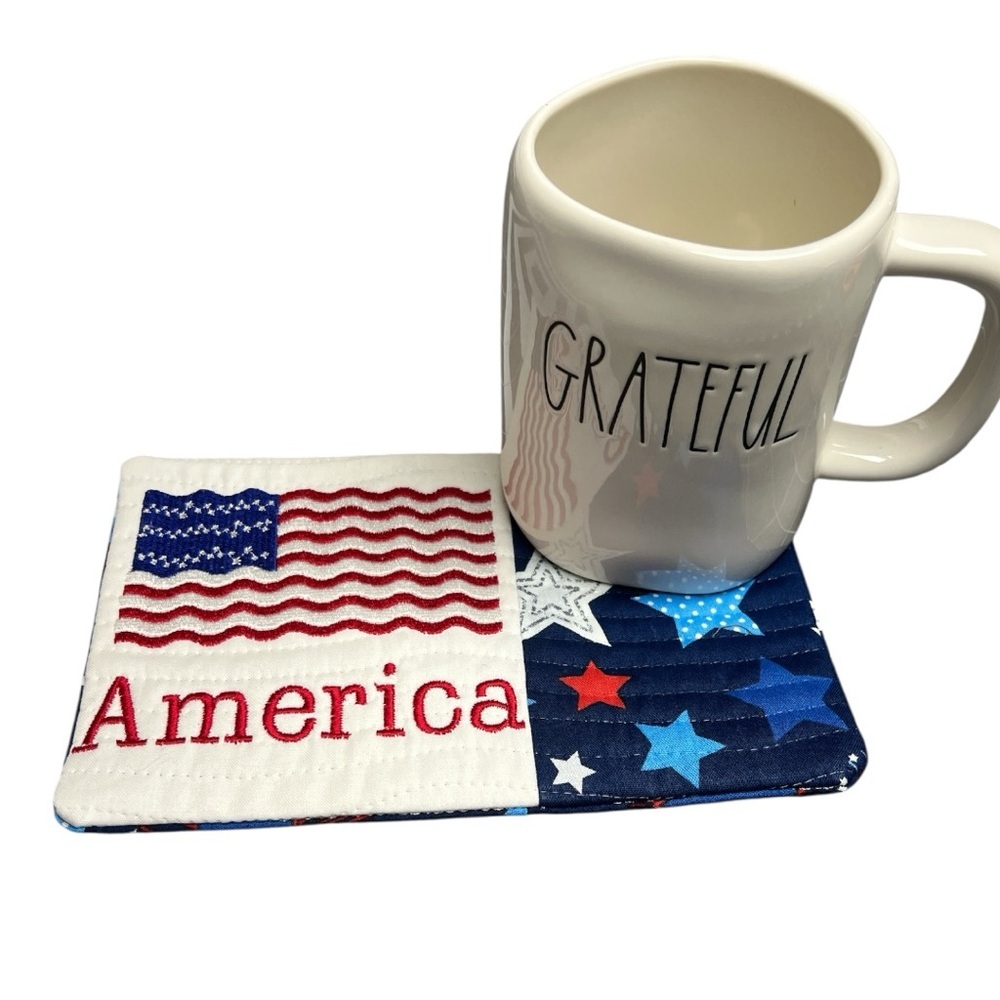 Hand Crafted Mug Rug Coaster Embroidered Cotton American Flag - Picture 8 of 9